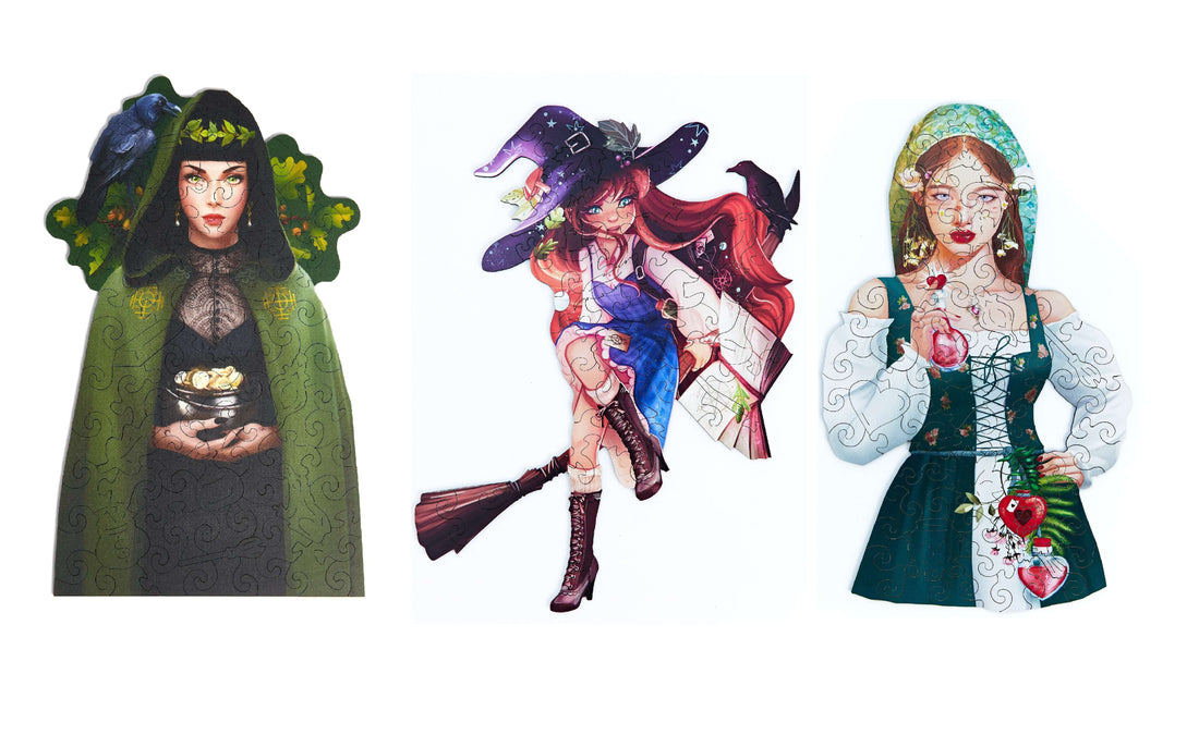 Magical Puzzling Trio: dive into elegance, prosperity, and romance with The Witch of Wealth, Witch Aurelia, and The Love Witch wooden puzzles!