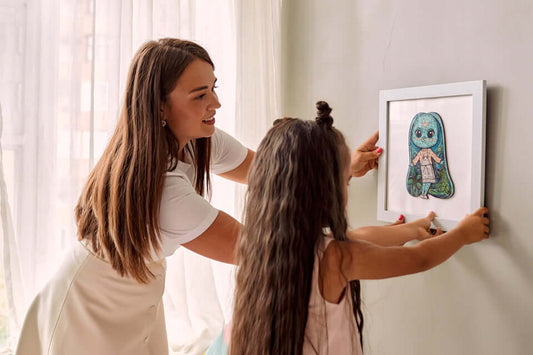 mother and kid decorating home with puzzles