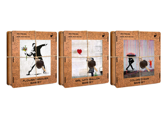 Banksy Pack, Flower, Red Balloon and Colored Rain Wooden Special Premium Pack of 3 Puzzles