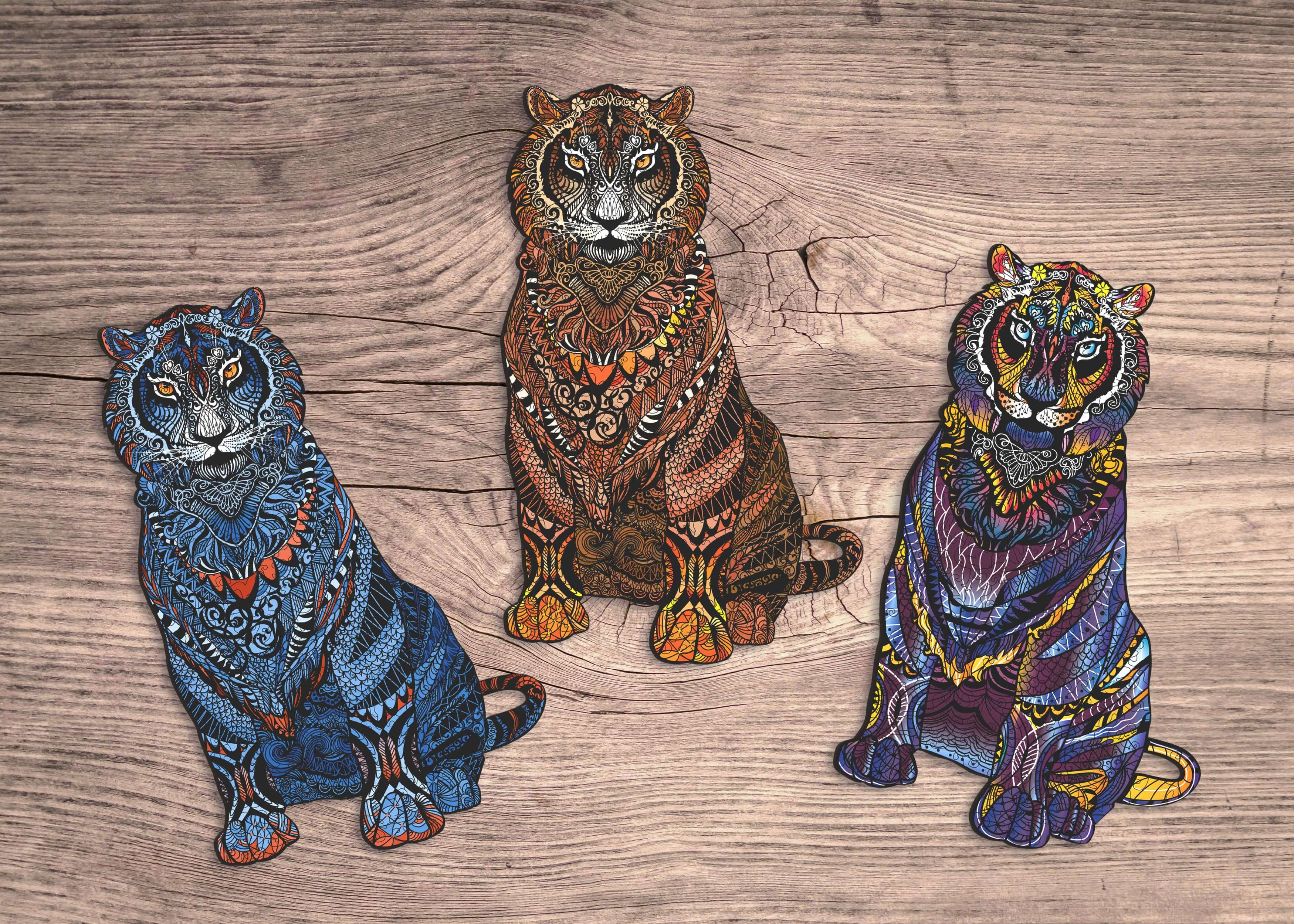 Tigers Pack, Blue, Brown and Multicolor Tiger Wooden Special Premium Pack of 3 Puzzles Active Puzzles