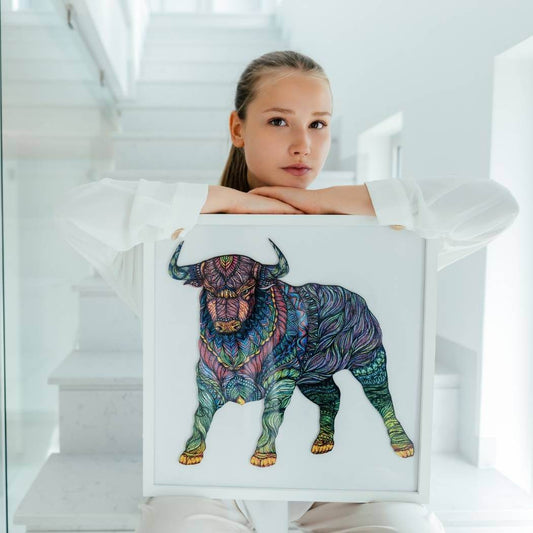 Girl showing picture with wooden bulll puzzle and white stairs
