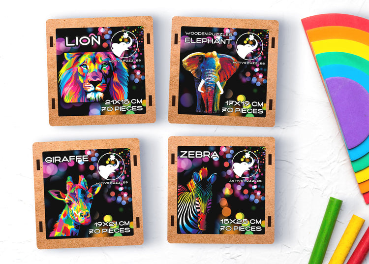 Mini Pack Animales, Jirafa, León, Elefante y Cebra Madera Especial Premium Pack de 4 puzzles