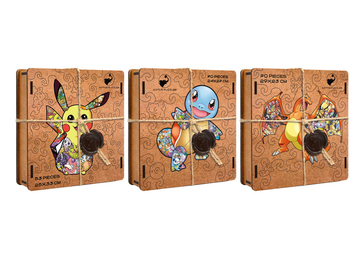 Pokemon, Squirtle &amp; Charizard Lot de 3 puzzles spéciaux en bois