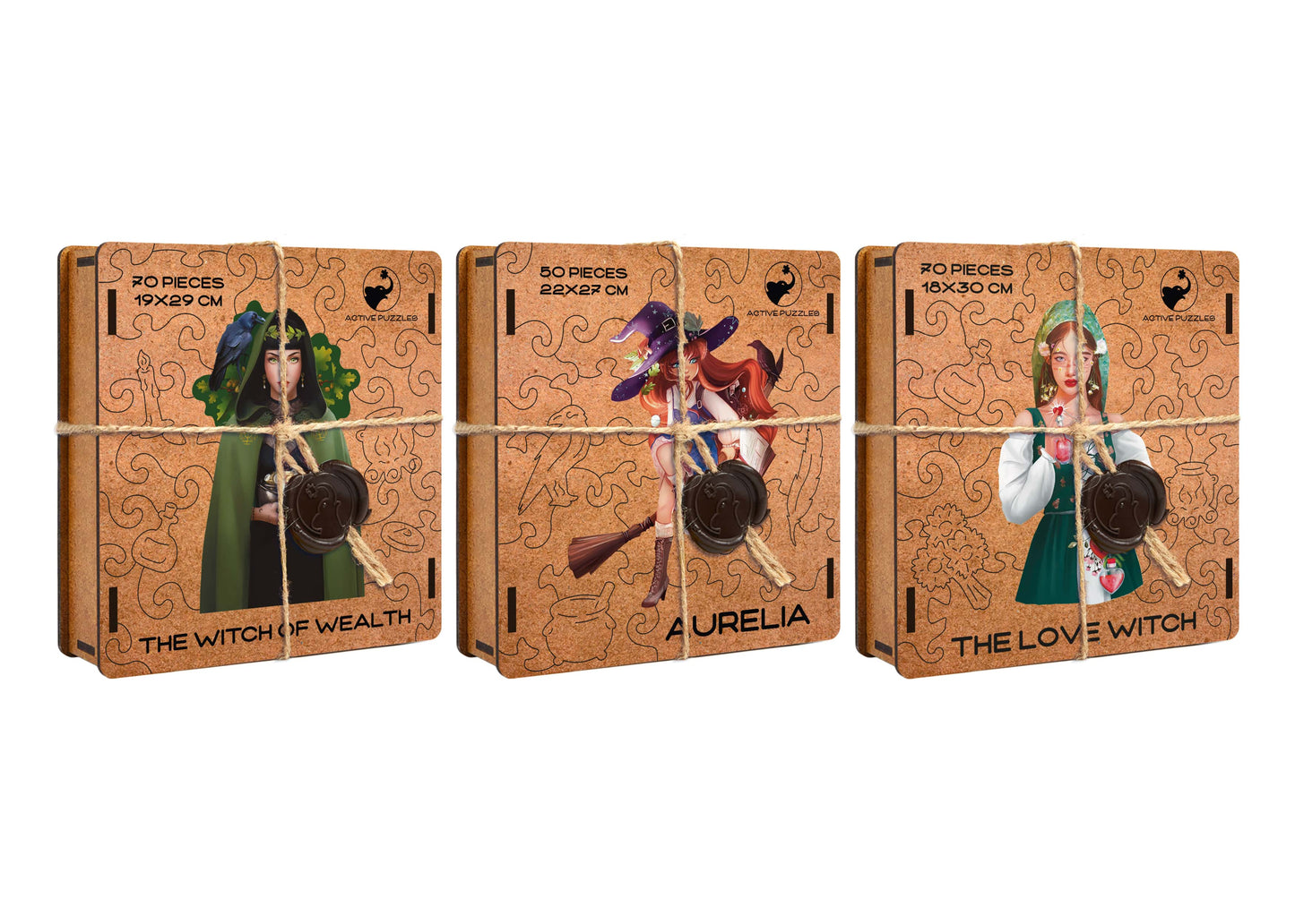 Witches Pack, Wealth Witch, Love Witch and Aurelia Witch Wooden Special premium Pack of 3 puzzles Active Puzzles