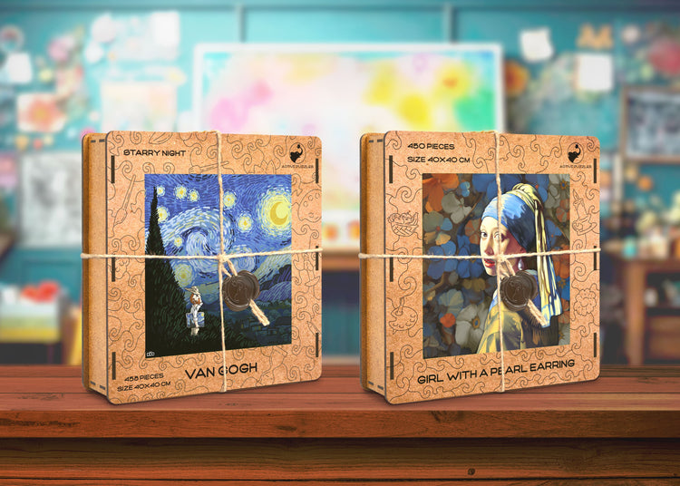 Pintores holandeses, Van Gogh y Vermeer, Pack premium especial de madera de 2 Puzzles