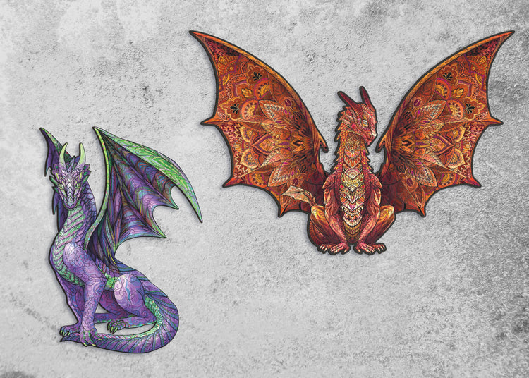 Pack Dragones, Dragón y Dragón de Fuego Pack Premium Especial de Madera de 2 Puzzles