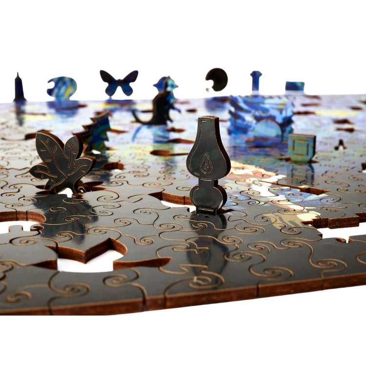 starry night wooden puzzle pieces detailed view