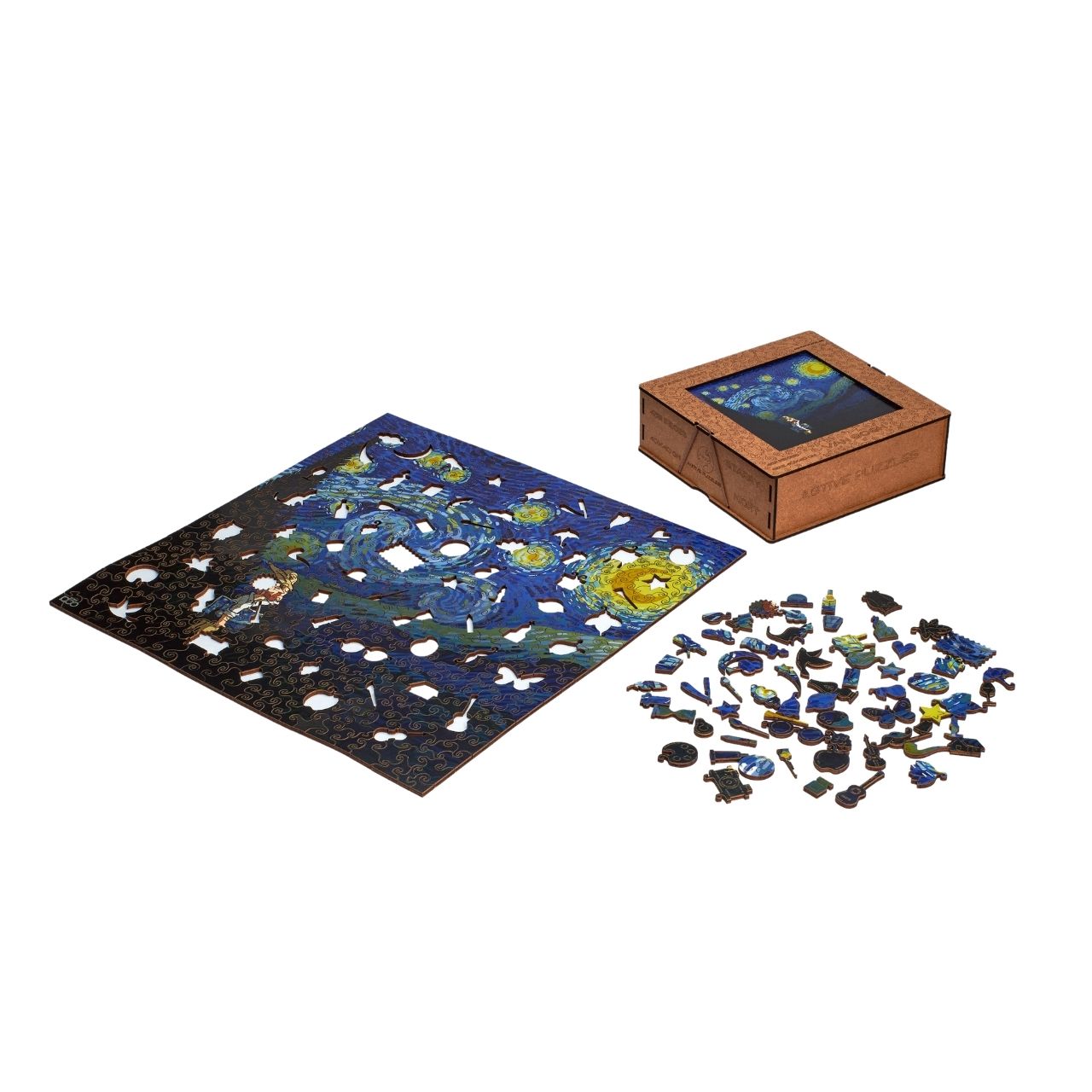 wooden puzzles board, box, and pieces